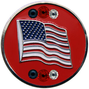 USA Red Waving Flag with Swarovski Crystals ball marker